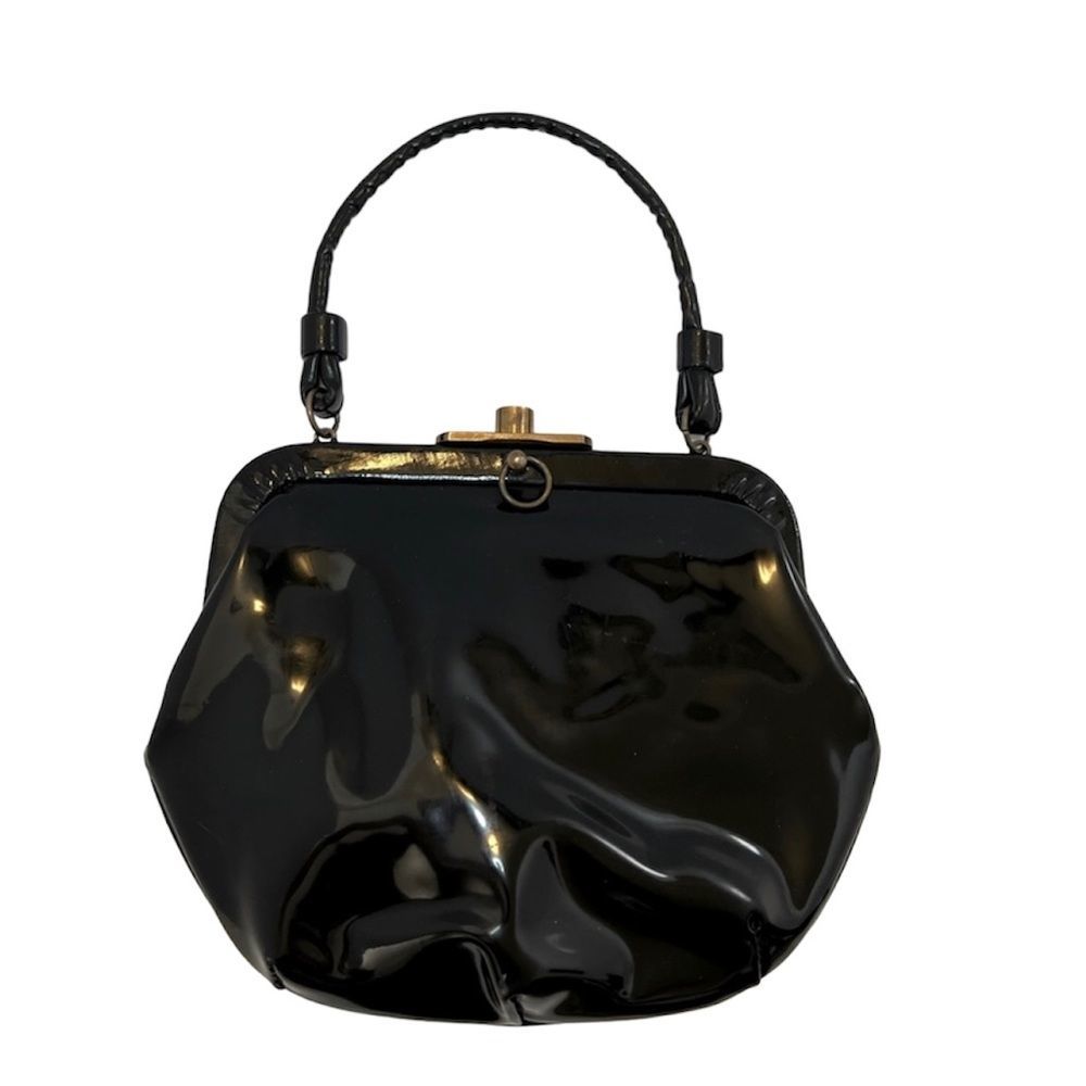 Vintage Kadin Small Black Shiny Brass Hardware Top Handle Purse Pinup Rockabilly